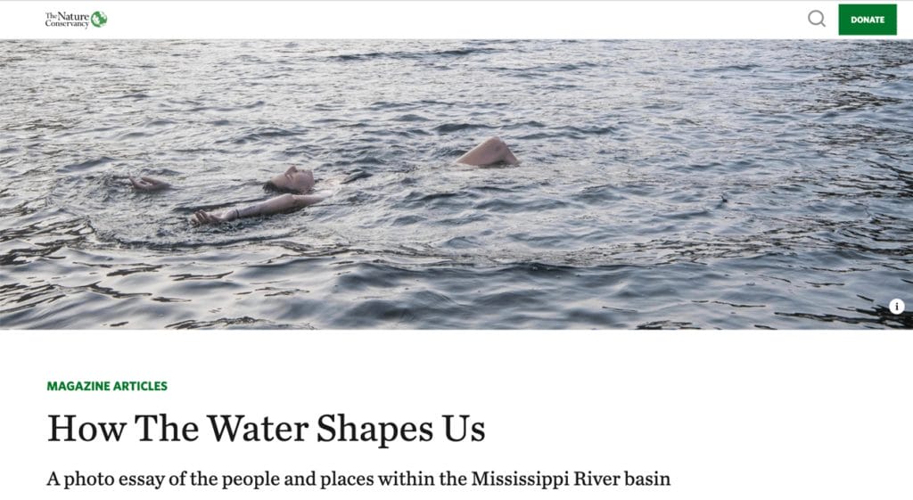 Screenshot of the landing page of photo essay how the water shapes us from nature conservancy