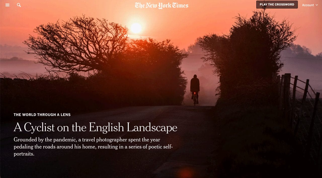 Screenshot of the landing page of photo essay a cyclist on the english landscape from new york times