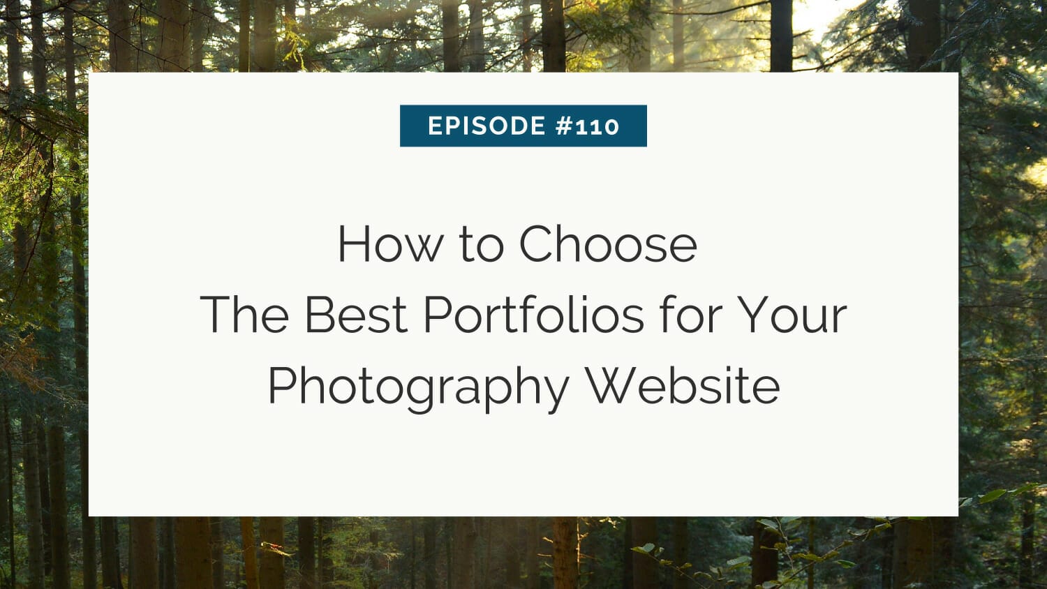 Episode #110: how to choose the best portfolios for your photography website, displayed over a serene forest backdrop.