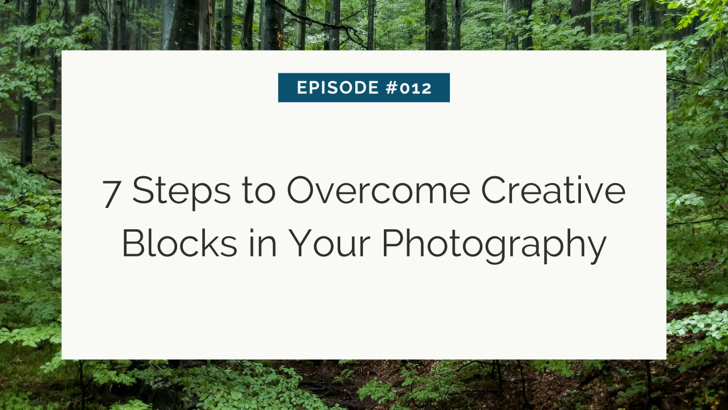 Title slide for a tutorial or podcast episode on overcoming creative blocks in photography, episode number 12, set against a backdrop of a forest.