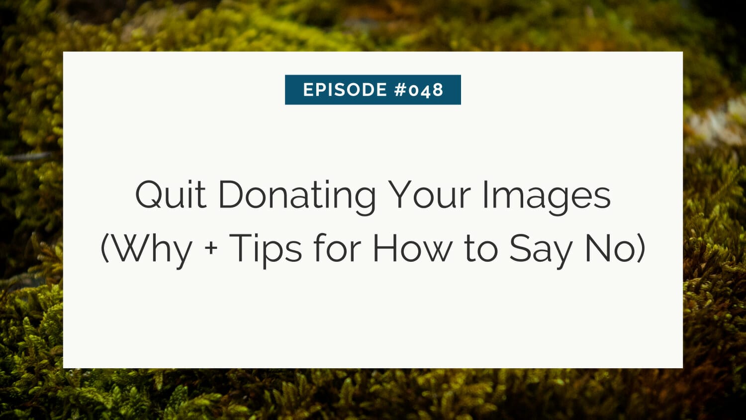 Presentation slide titled "episode #048 - quit donating your images (why + tips for how to say no)" over a mossy background.