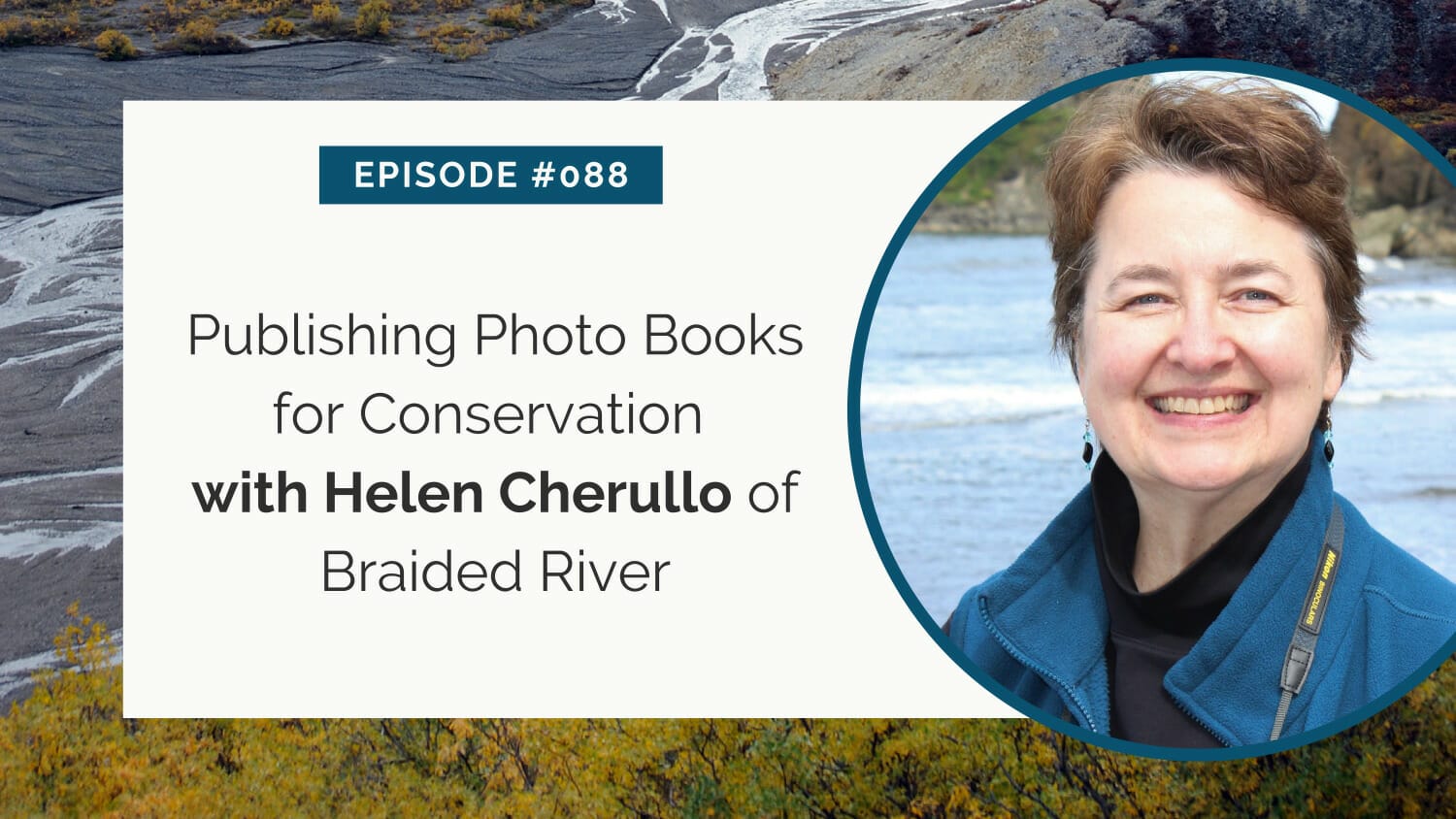 Woman discussing publishing photo books for conservation on a podcast episode.