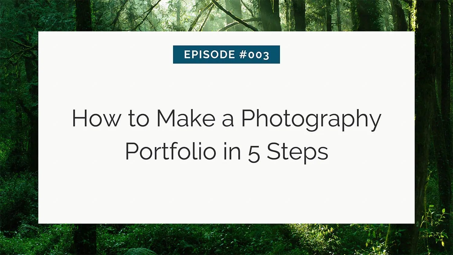 A title slide for episode #003 on creating a photography portfolio in five steps, set against a forest backdrop.