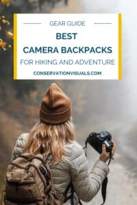 Woman with camera walking in nature on a foggy day featured on a camera backpack gear guide cover.